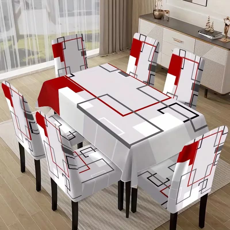 Kırmızı Geometrik Masa & Sandalye Örtüsü Seti · Görsel 1